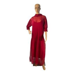 Zara Womens Semi Sheer Short Sleeve Mock Neck Maxi Dress Maroon Size S